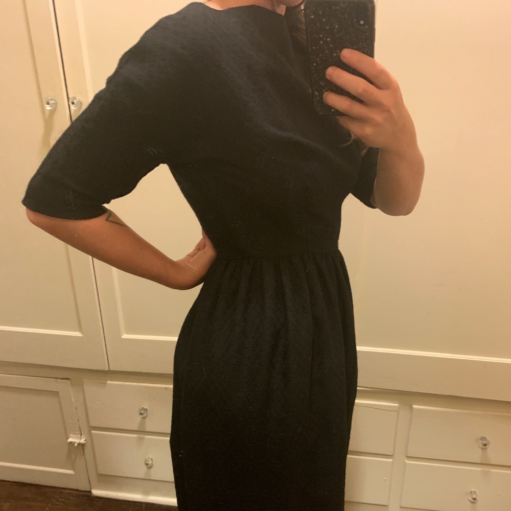 Vintage black tweed midi dress with pleated skirt
